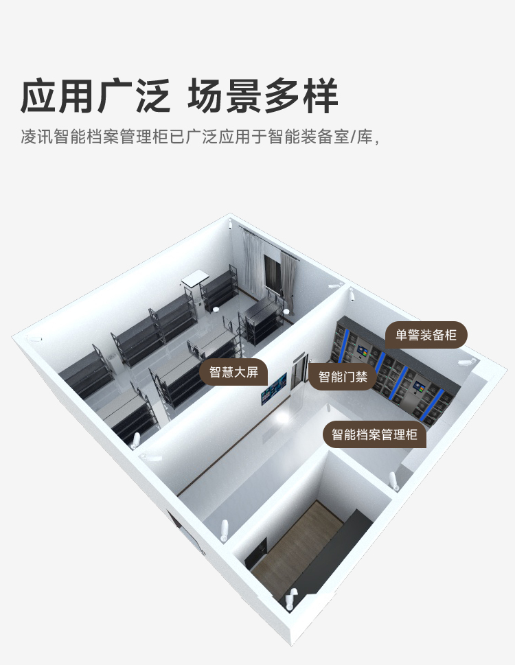 凌讯智能档案管理规应用广泛、场景多样，凌讯智能档案文件管理柜已广泛应用于各类型装备库/室。